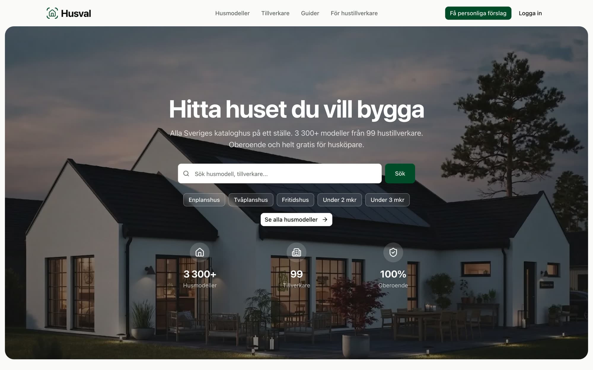 Husvals startsida med sök bland husmodeller