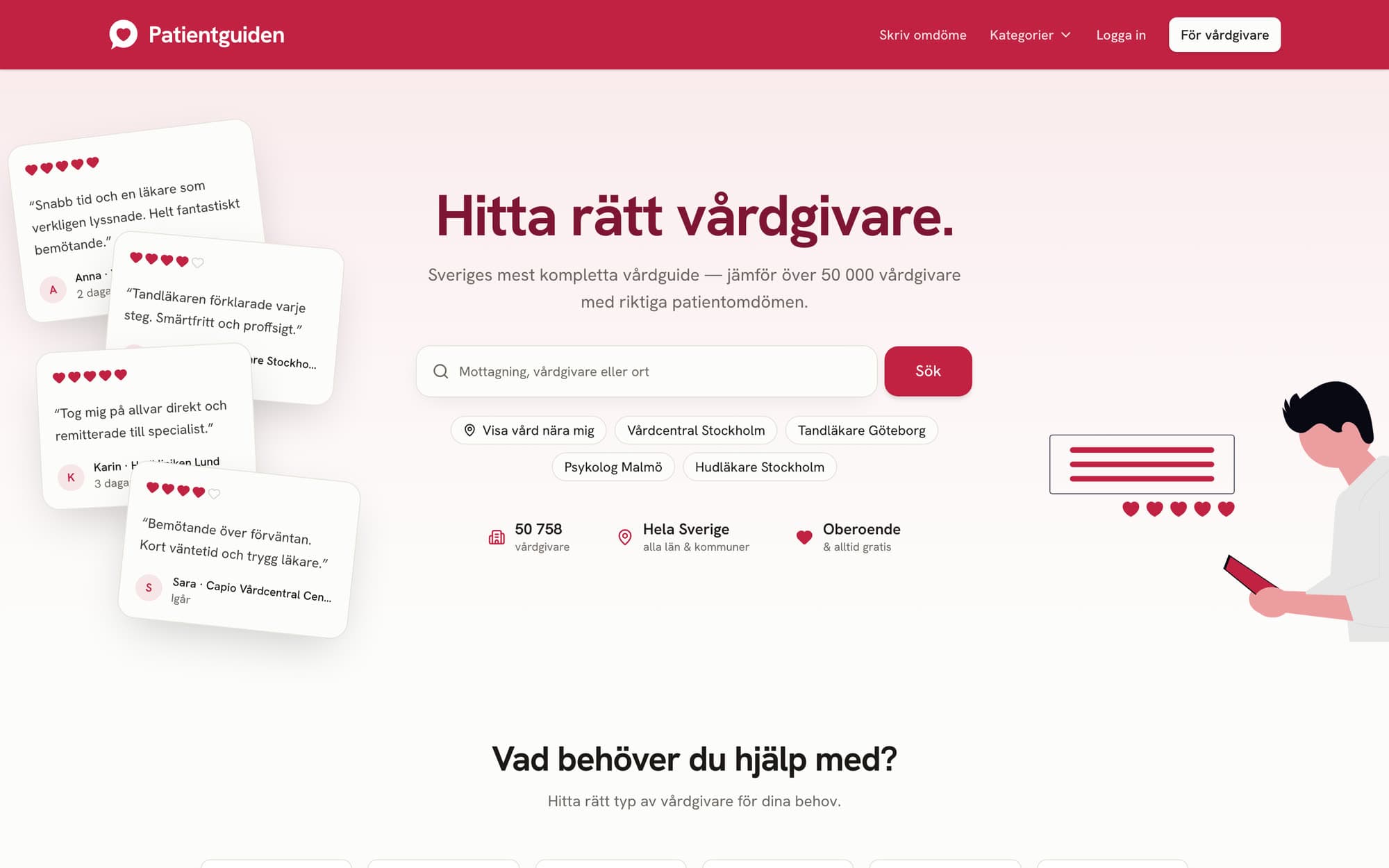 Patientguidens startsida med sökfält för vårdgivare
